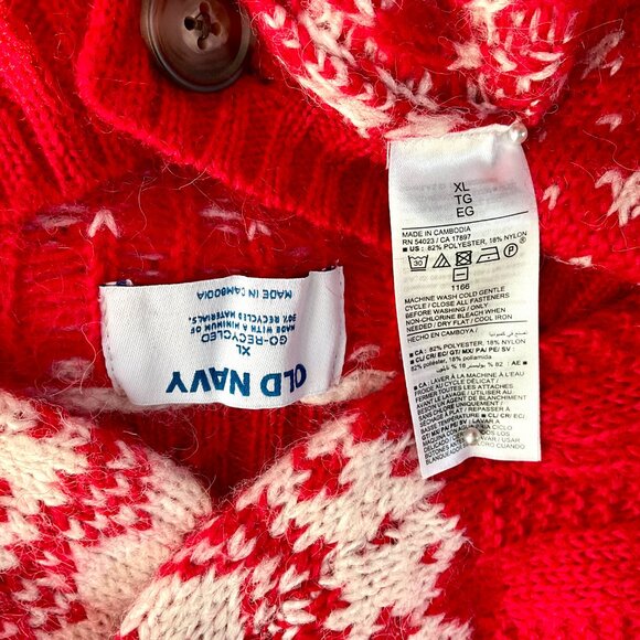 Old Navy Sweater Cardigan Holiday Red White Reindeer Fair Isle 2023 (XL) - Picture 6 of 8